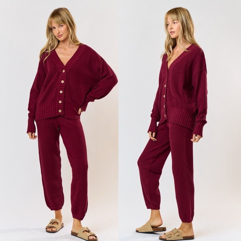 188 100% Cotton  Chic Maroon Button-Down Cardigan and Pants Set Sm  Med LG